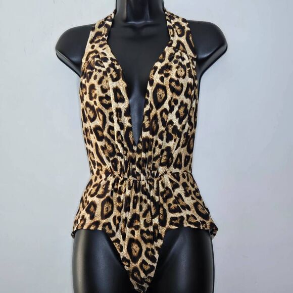 Unique Vintage Derek Swimsuit Size Small Leopard Print Deep V Pinup - Picture 2 of 5